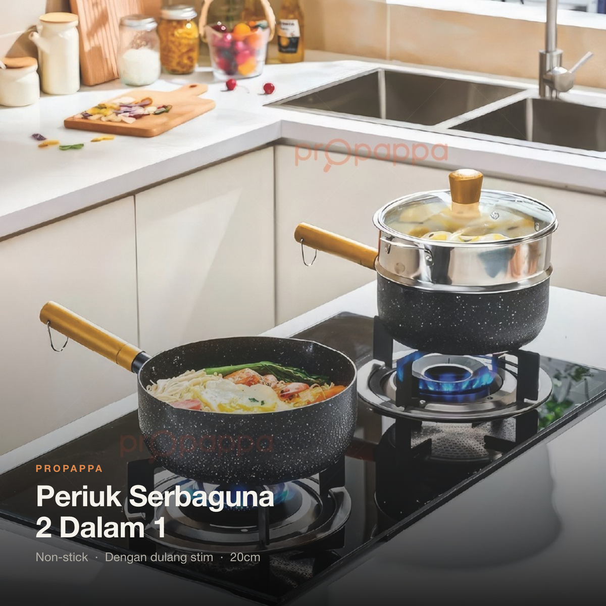 Periuk serbaguna 2 dalam 1 non-stick 20cm dulang stim