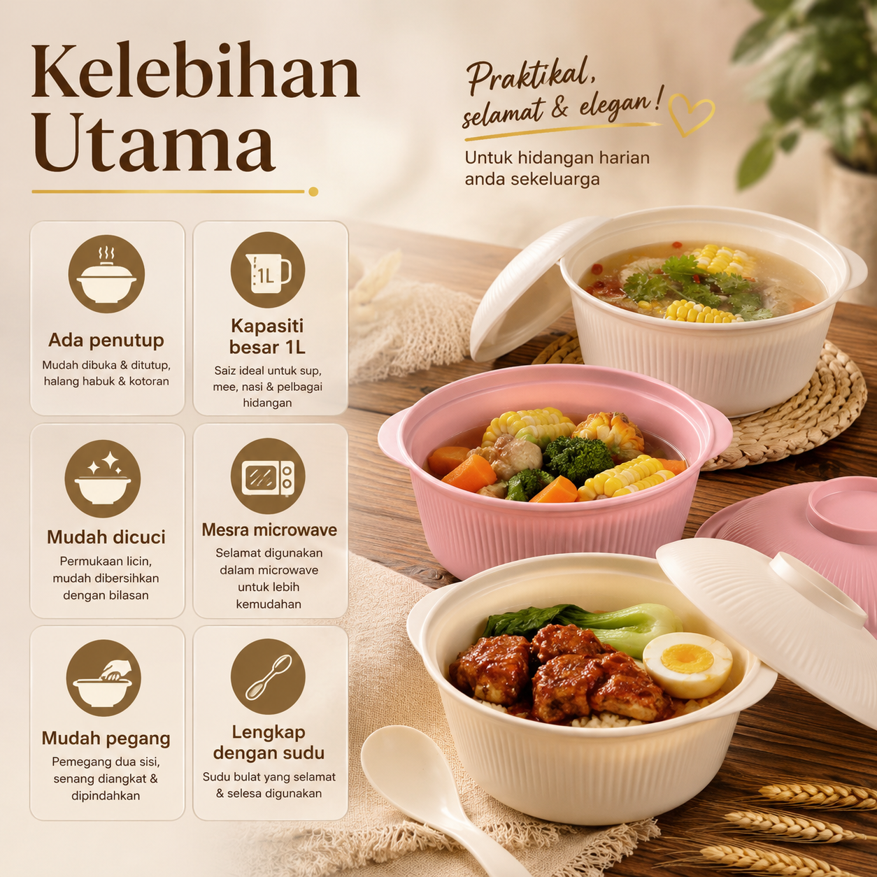 Set Mangkuk Bertutup 12-Piece (4 Mangkuk + 4 Penutup + 4 Sudu)