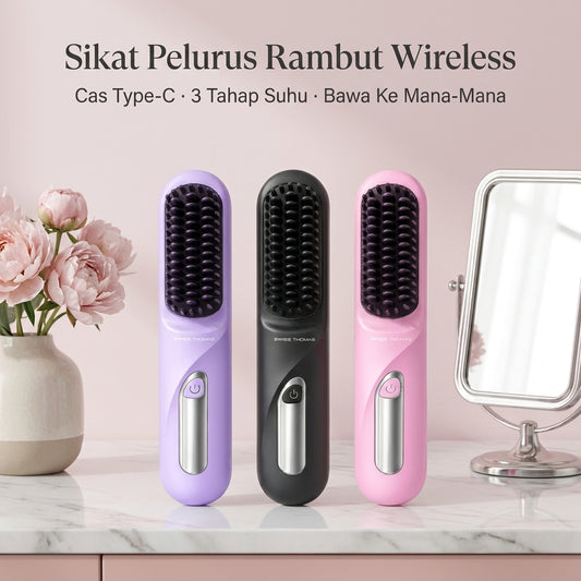 Sikat Pelurus Rambut Wireless Swiss Thomas (Cas Type-C, 3 Tahap Suhu)