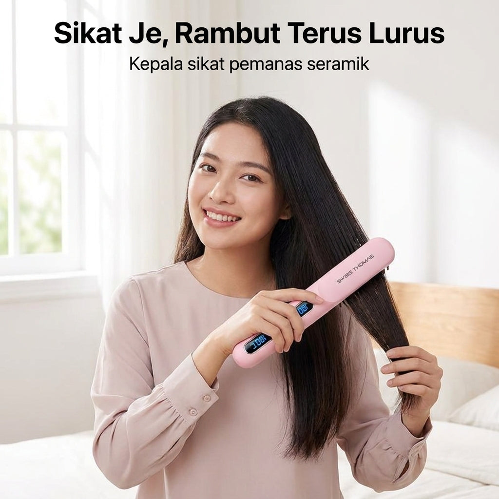 Sikat Pelurus Rambut Wireless Swiss Thomas (Cas Type-C, 3 Tahap Suhu)