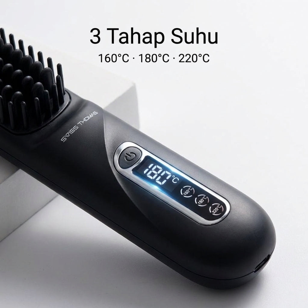 Sikat Pelurus Rambut Wireless Swiss Thomas (Cas Type-C, 3 Tahap Suhu)