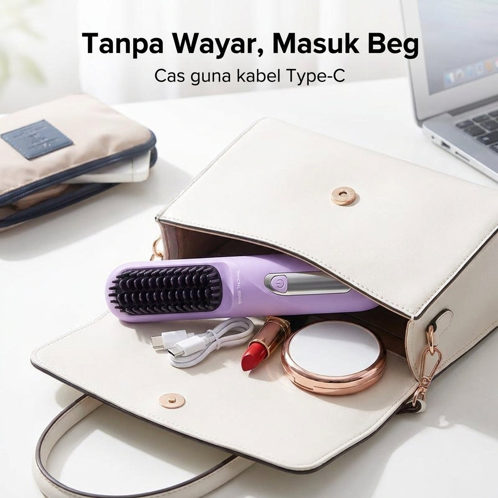 Sikat Pelurus Rambut Wireless Swiss Thomas (Cas Type-C, 3 Tahap Suhu)